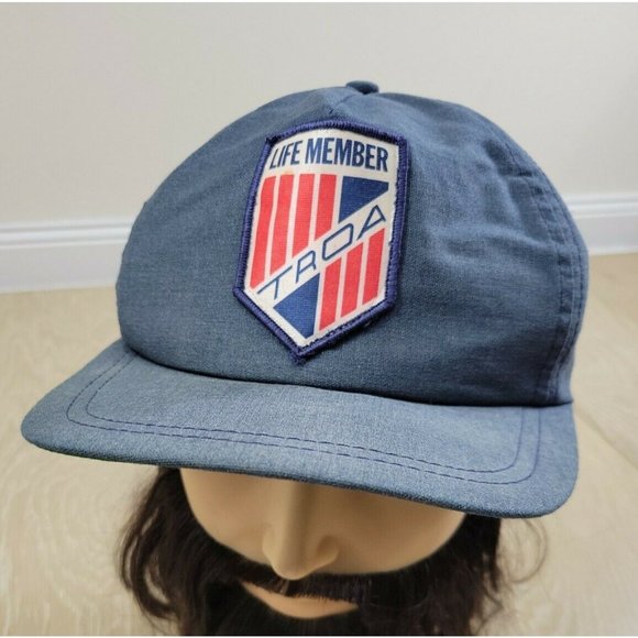 Life Member TROA Member Hat Leather Strapback Bump Front Patch Front Blue VTG - Picture 1 of 11